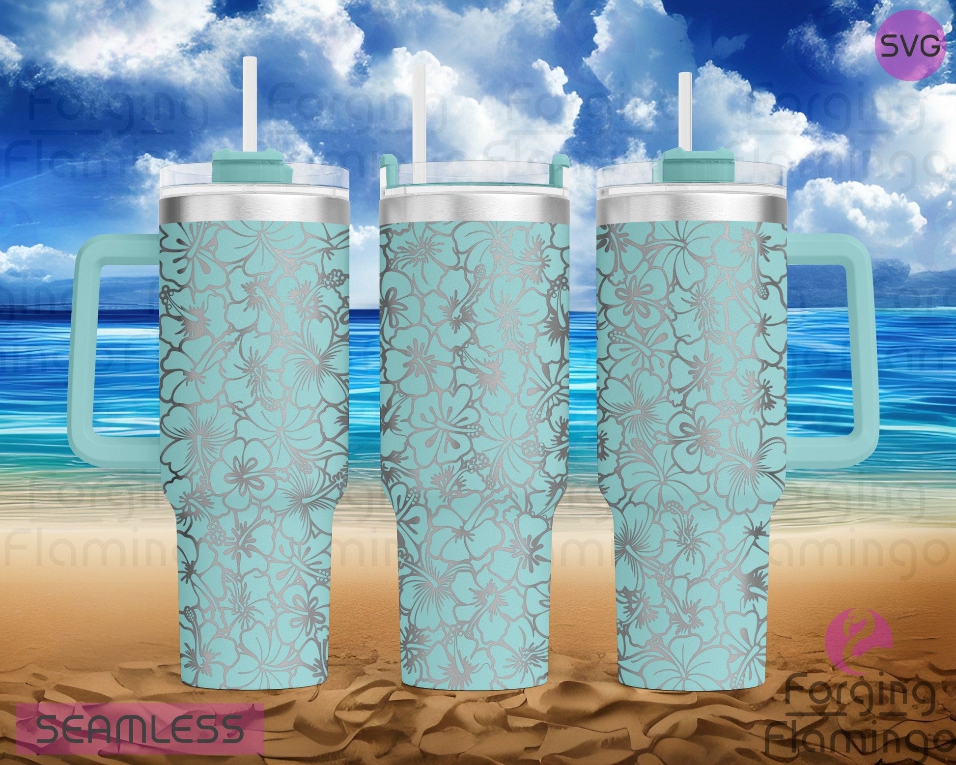 Mockup image of the Hibiscus Flowers Tumbler Wrap SVG by Forging Flamingo, displayed on three tumblers featuring tropical hibiscus blooms and leafy accents in a seamless floral wrap. Digital design shown for 20oz, 30oz, and 40oz tumblers.