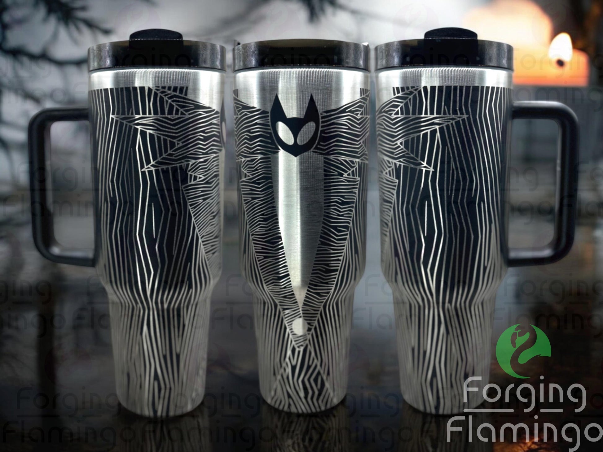 Composite image of a single tumbler engraved with Forging Flamingo's Jack's Suit (NBC) design, shown from multiple angles to highlight engraved pinstripes and skeletal bowtie details in a spooky, seamless wrap. Created using the digital file for 20oz/30oz/40oz tumblers.