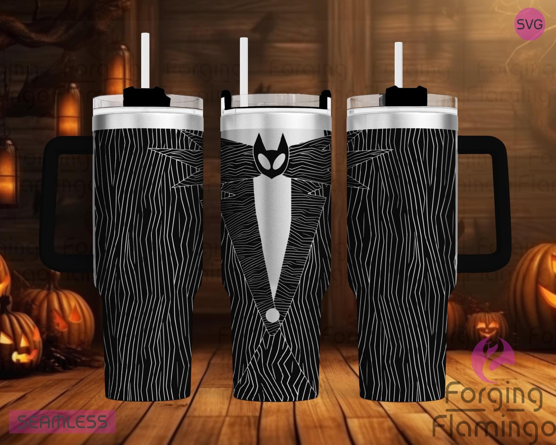 Mockup image of the Jack's Suit (NBC) Tumbler Wrap SVG by Forging Flamingo, displayed on three tumblers featuring pinstripe patterns and bowtie elements inspired by a spooky skeletal suit in a seamless wrap. Digital design shown for 20oz, 30oz, and 40oz tumblers.
