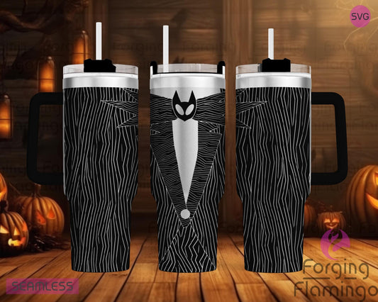 Mockup image of the Jack's Suit (NBC) Tumbler Wrap SVG by Forging Flamingo, displayed on three tumblers featuring pinstripe patterns and bowtie elements inspired by a spooky skeletal suit in a seamless wrap. Digital design shown for 20oz, 30oz, and 40oz tumblers.