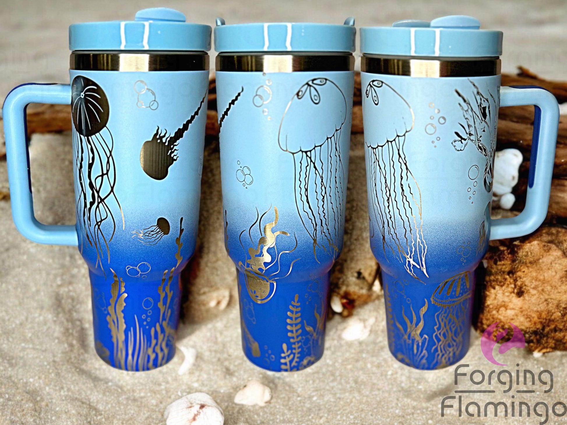 Composite image of a single tumbler engraved with Forging Flamingo's Jellyfish design, shown from multiple angles to highlight gracefully detailed jellyfish, floating seaweed, and underwater bubbles in a seamless ocean-themed wrap. Created using the digital file for 20oz/30oz/40oz tumblers.