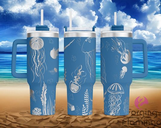 Mockup image of the Jellyfish Tumbler Wrap SVG by Forging Flamingo, displayed on three tumblers featuring flowing jellyfish, swirling tentacles, seaweed, and bubbles in an elegant underwater seamless wrap. Digital design shown for 20oz, 30oz, and 40oz tumblers.