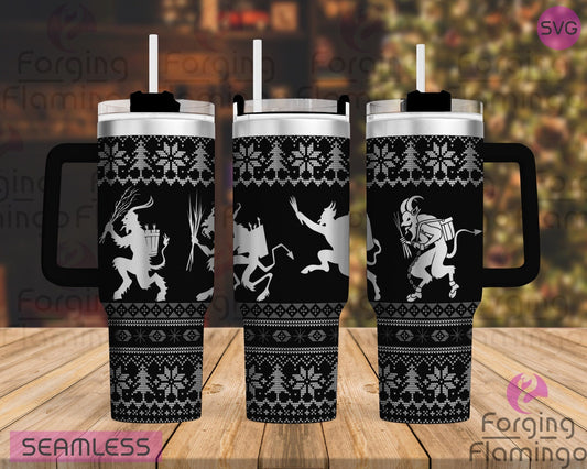 Mockup image of the Krampus Ugly Christmas Sweater Tumbler Wrap SVG by Forging Flamingo, displayed on three tumblers featuring holiday sweater patterns with Krampus faces, snowflakes, and festive borders. Digital design shown for 20oz, 30oz, and 40oz tumblers.