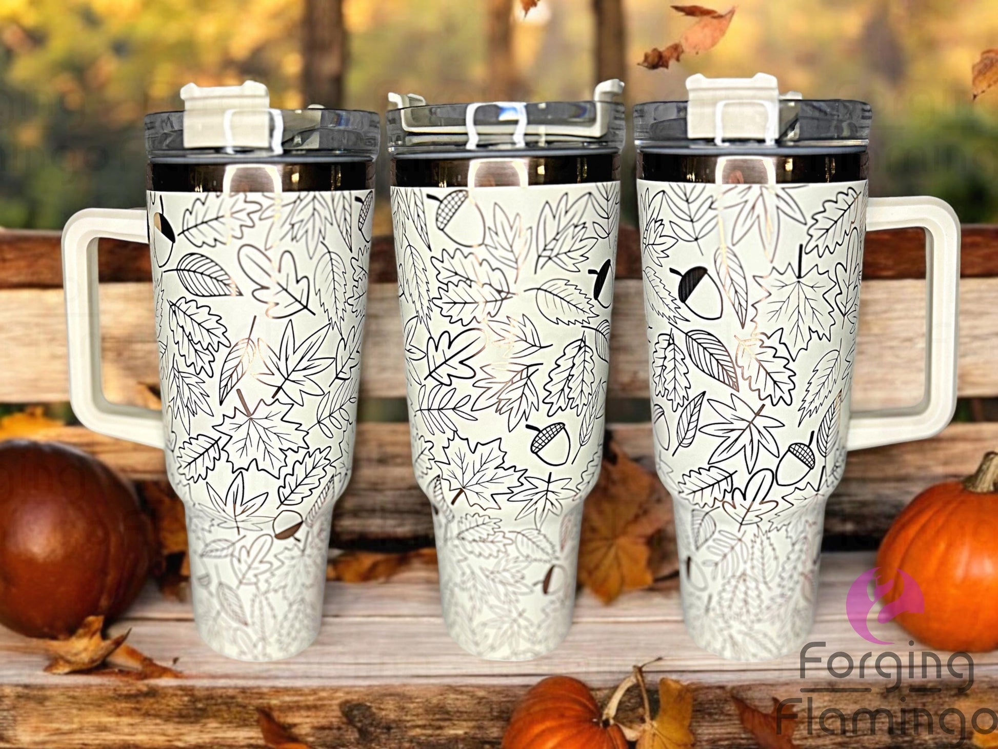 Composite image of a single tumbler engraved with Forging Flamingo's Leaves & Acorns design, shown from multiple angles to highlight engraved fall foliage and acorn details in a seamless wrap. Created using the digital file for 20oz/30oz/40oz tumblers.