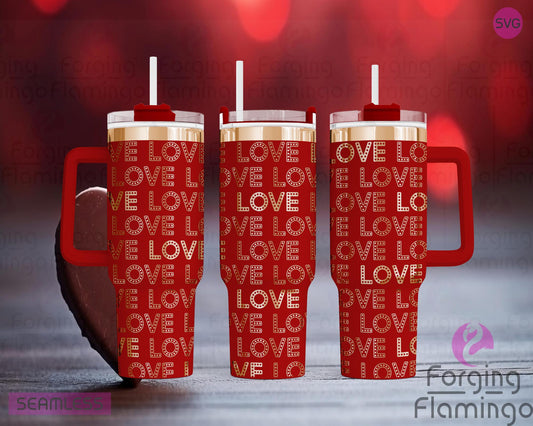 Mockup image of the Love in Lights Tumbler Wrap SVG by Forging Flamingo, displayed on three tumblers featuring string lights spelling out the word "Love" with heart accents in a seamless romantic wrap. Digital design shown for 20oz, 30oz, and 40oz tumblers.