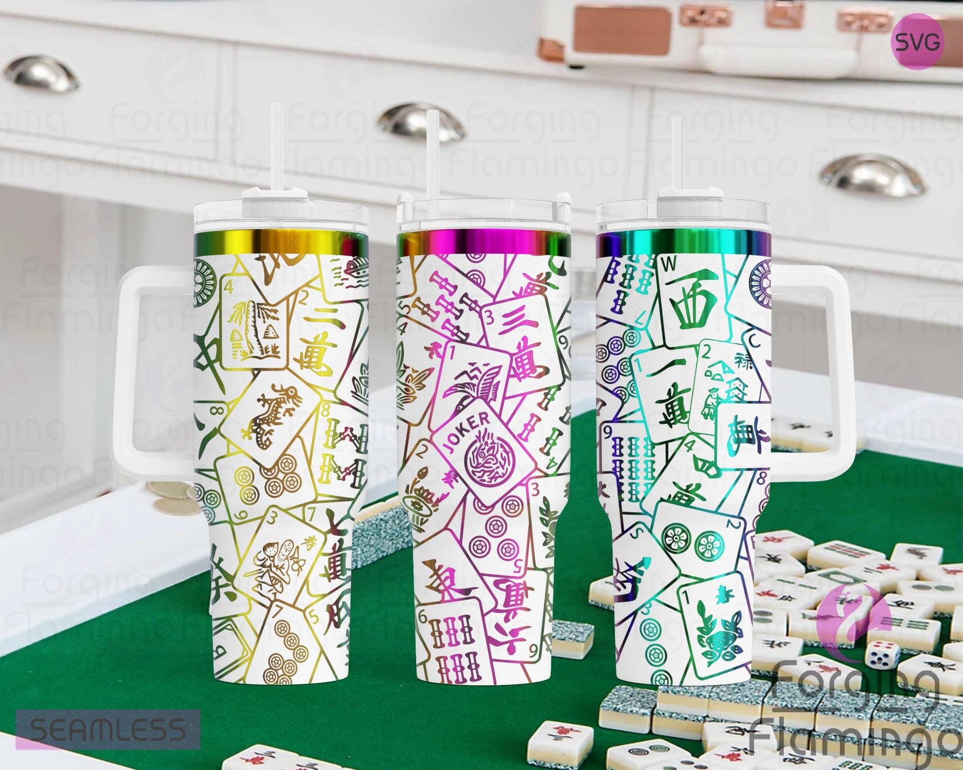 Mockup image of the Mahjong Tumbler Wrap SVG by Forging Flamingo, displayed on three tumblers featuring engraved Mahjong tiles with classic symbols and suits arranged in a seamless wrap. Digital design shown for 20oz, 30oz, and 40oz tumblers.