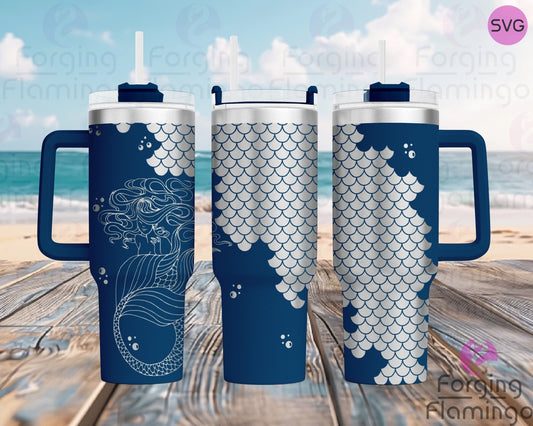 Mockup image of the Mermaid Bundle Tumbler Wrap SVG by Forging Flamingo, featuring the filled scales version displayed on a tumbler with bold, overlapping mermaid scale patterns in a seamless wrap. Digital design shown for 20oz, 30oz, and 40oz tumblers.