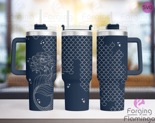 Mockup image of the Mermaid Bundle Tumbler Wrap SVG by Forging Flamingo, featuring the outlined scales version displayed on a tumbler with airy, minimalist scale linework in a seamless wrap. Digital design shown for 20oz, 30oz, and 40oz tumblers.
