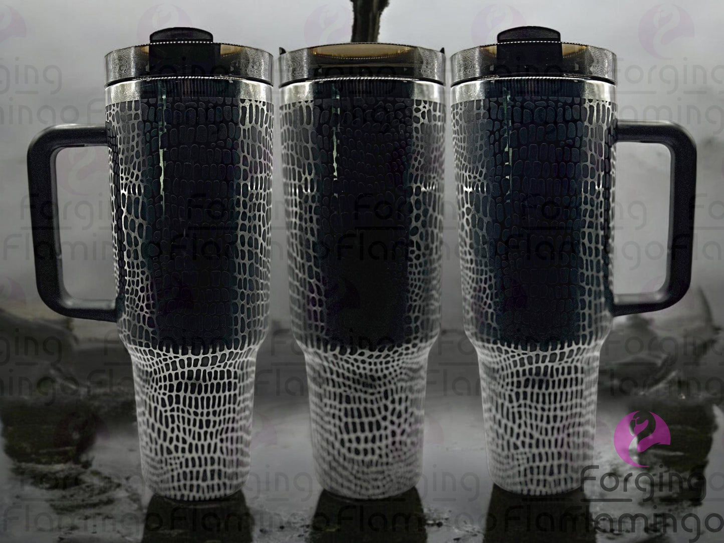 Composite image of a single Non-Branded tumbler engraved with Forging Flamingo's Alligator/Crocodile Skin design, shown from multiple angles to highlight bold, textured reptile scales in a seamless wrap.