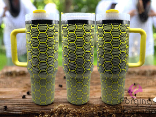 Composite image of a single Non-Branded tumbler engraved with Forging Flamingo's Beehive design, shown from multiple angles to showcase honeycomb patterns, buzzing bees, and floral accents in a seamless, nature-inspired wrap.