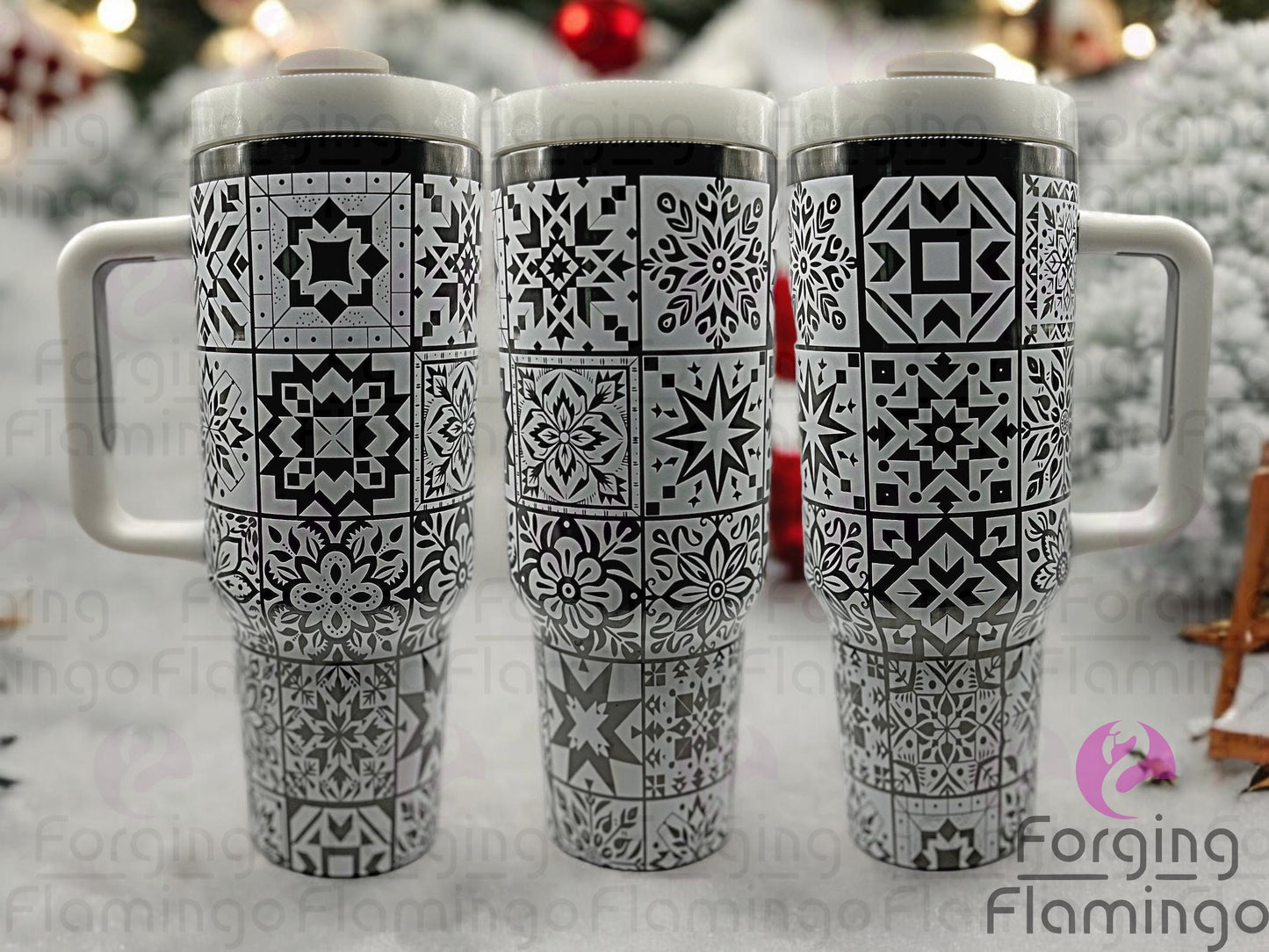 Composite image of a single Non-Branded tumbler engraved with Forging Flamingo's Christmas Quilt design, shown from multiple angles to highlight festive patchwork-style holiday motifs like snowflakes, trees, and festive patterns in a seamless wrap.