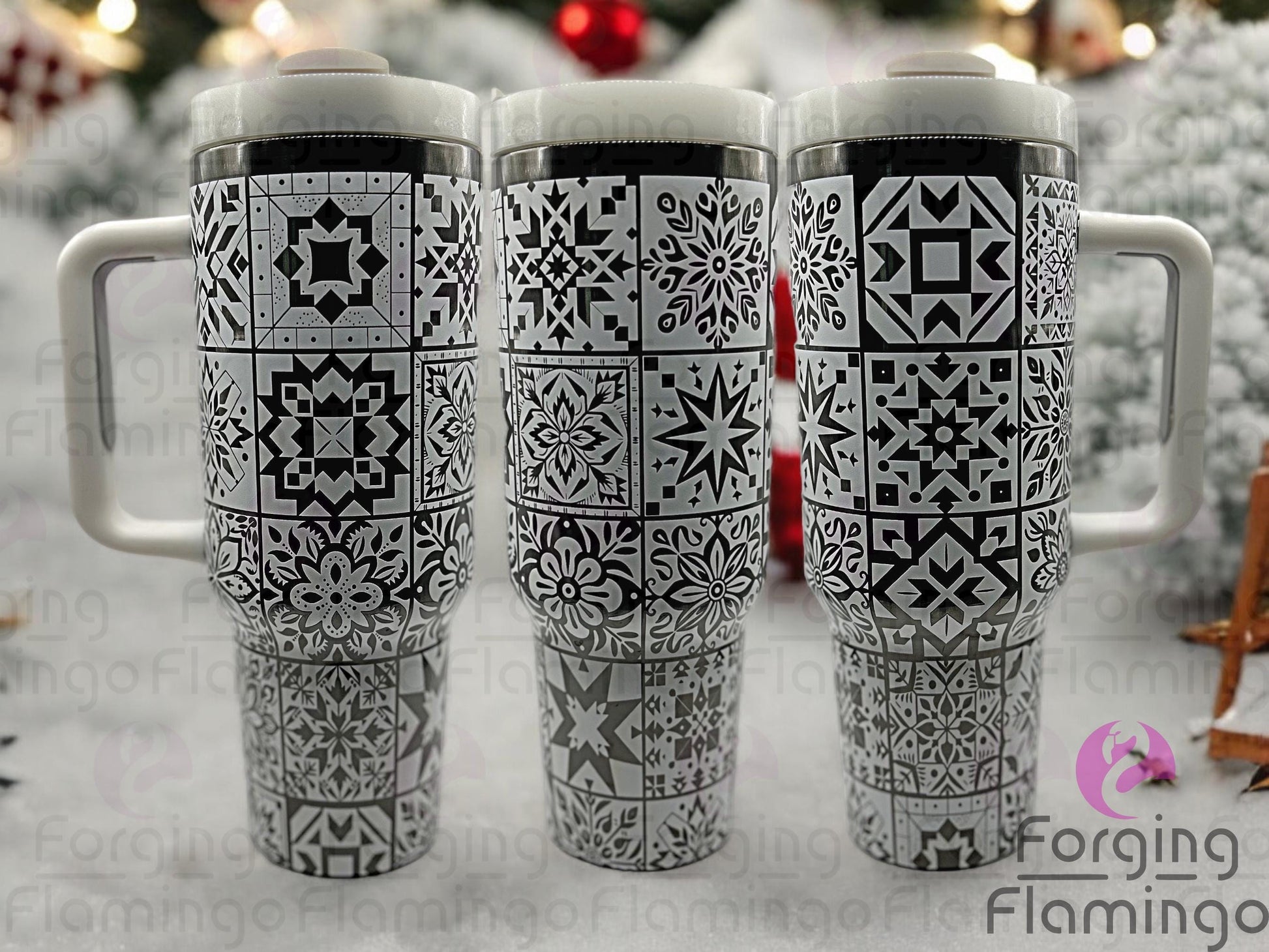 Composite image of a single Non-Branded tumbler engraved with Forging Flamingo's Christmas Quilt design, shown from multiple angles to highlight festive patchwork-style holiday motifs like snowflakes, trees, and festive patterns in a seamless wrap.