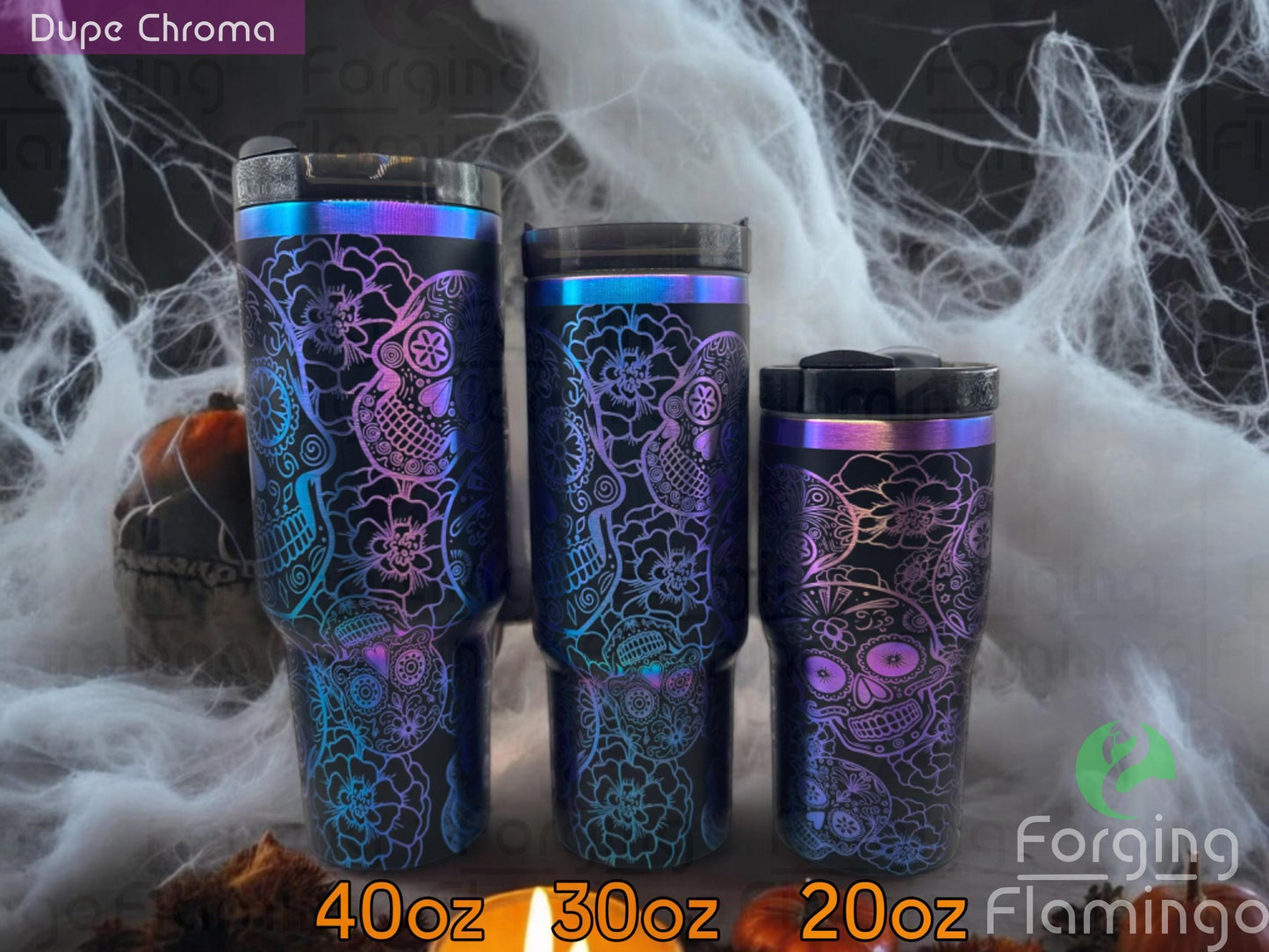Composite image showing multiple Non-Branded black tumblers with a chroma rainbow base in different sizes, each engraved with Forging Flamingo's Dia De Los Muertos design, showcasing detailed sugar skulls, marigolds, and festive patterns in a seamless wrap.