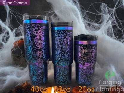 Composite image showing multiple Non-Branded black tumblers with a chroma rainbow base in different sizes, each engraved with Forging Flamingo's Dia De Los Muertos design, showcasing detailed sugar skulls, marigolds, and festive patterns in a seamless wrap.