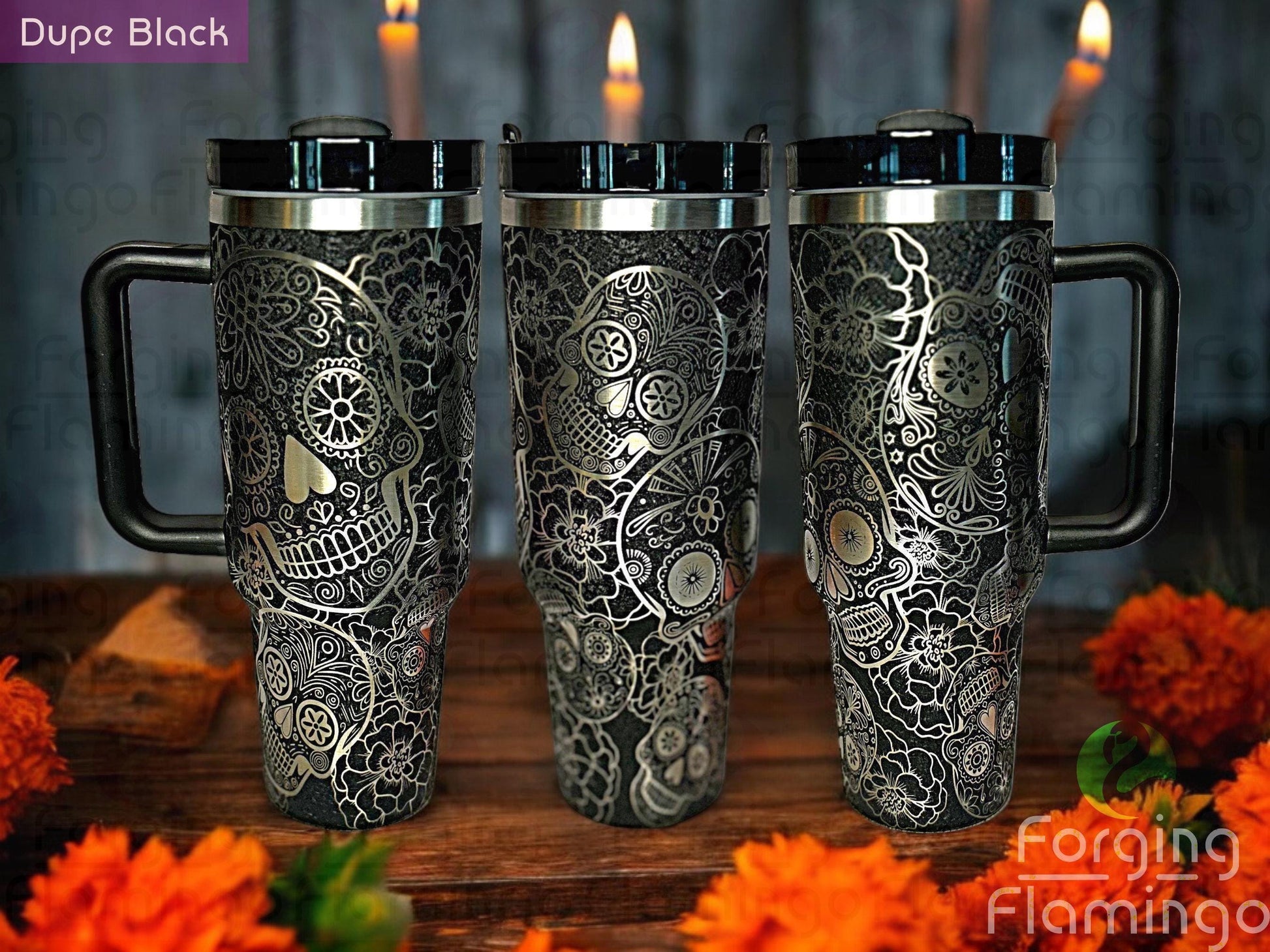 Composite image of a single Non-Branded black tumbler with a stainless base, engraved with Forging Flamingo's Dia De Los Muertos design, shown from multiple angles to display intricate sugar skulls and marigolds in a vibrant and festive wrap.