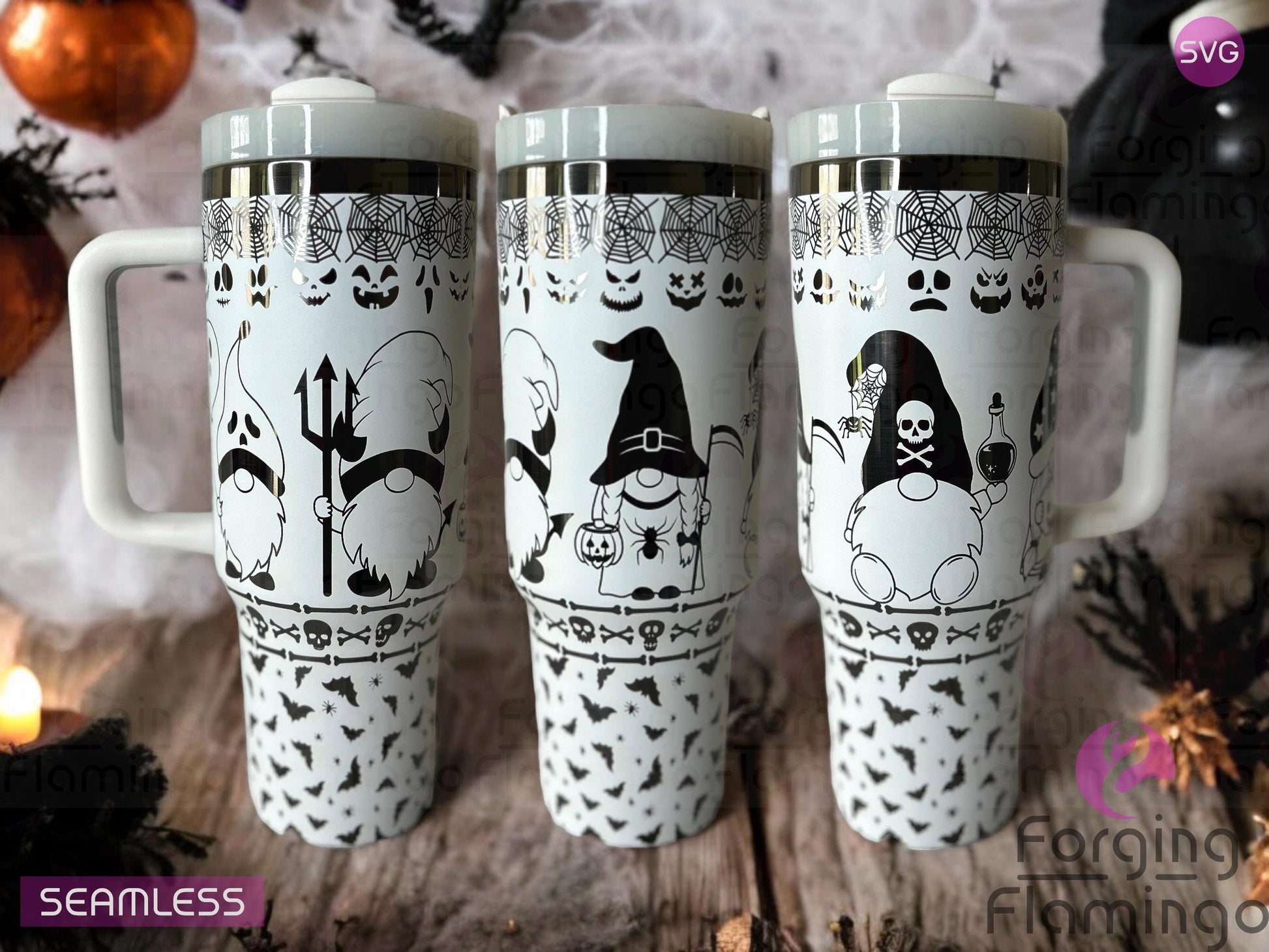 Composite image of a single Non-Branded tumbler engraved with Forging Flamingo's Halloween Gnomes design, shown from multiple angles to showcase whimsical gnomes in witch hats, jack-o-lanterns, bats, and spooky accents in a seamless wrap.