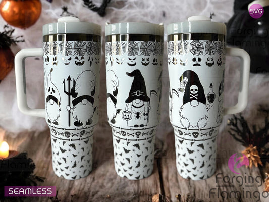 Composite image of a single Non-Branded tumbler engraved with Forging Flamingo's Halloween Gnomes design, shown from multiple angles to showcase whimsical gnomes in witch hats, jack-o-lanterns, bats, and spooky accents in a seamless wrap.