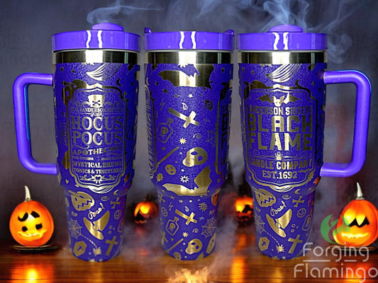 Composite image of a single Non-Branded tumbler engraved with Forging Flamingo's Halloween Witches design, shown from multiple angles to showcase flying witches, stars, moons, and spooky silhouettes in a seamless wrap perfect for Halloween.