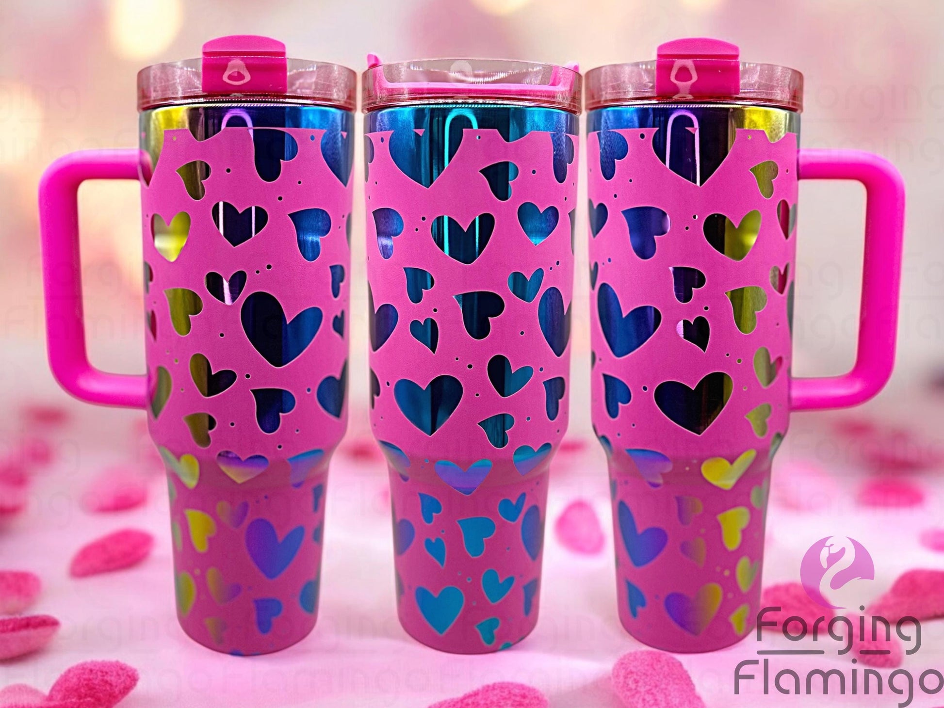 Composite image of a single Non-Branded tumbler engraved with Forging Flamingo's Hearts design, shown from multiple angles to showcase various heart shapes and patterns in a seamless, love-themed wrap.