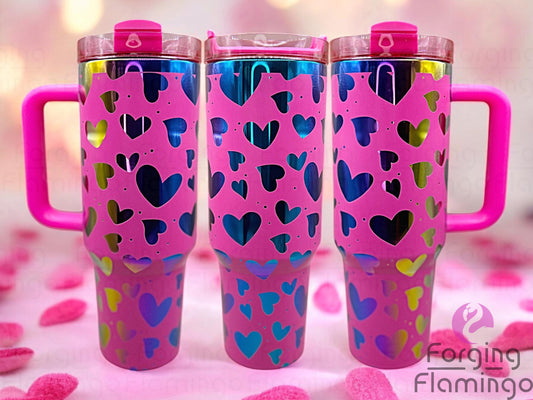 Composite image of a single Non-Branded tumbler engraved with Forging Flamingo's Hearts design, shown from multiple angles to showcase various heart shapes and patterns in a seamless, love-themed wrap.