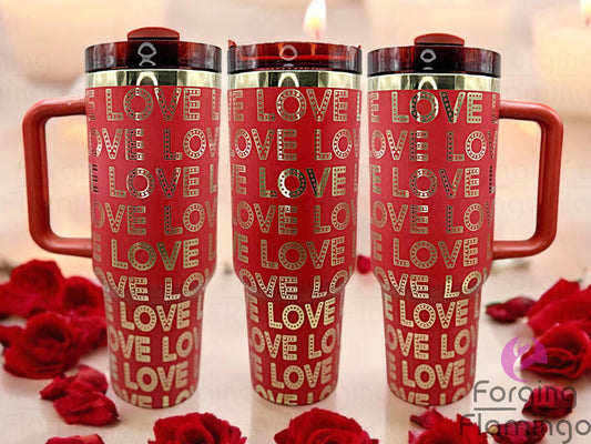 Composite image of a single Non-Branded tumbler engraved with Forging Flamingo's Love In Lights design, shown from multiple angles to display the word "LOVE" formed with string lights, hearts, and glowing festive details in a seamless wrap.
