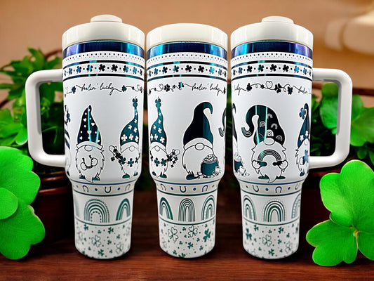 Composite image of a single Non-Branded tumbler engraved with Forging Flamingo's Lucky Gnomes design, shown from multiple angles to highlight festive St. Patrick's Day gnomes, shamrocks, and lucky charms in a seamless holiday wrap.