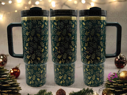 Composite image of a single Non-Branded tumbler engraved with Forging Flamingo's Mistletoe & Holly design, shown from multiple angles to highlight festive sprigs of mistletoe, holly leaves, and berries in a seamless holiday wrap.