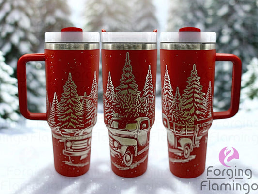 Composite image of a single Non-Branded tumbler engraved with Forging Flamingo's Red Truck Christmas Tree design, shown from multiple angles to highlight vintage pickup trucks carrying pine trees, snowflakes, and festive accents in a seamless holiday wrap.