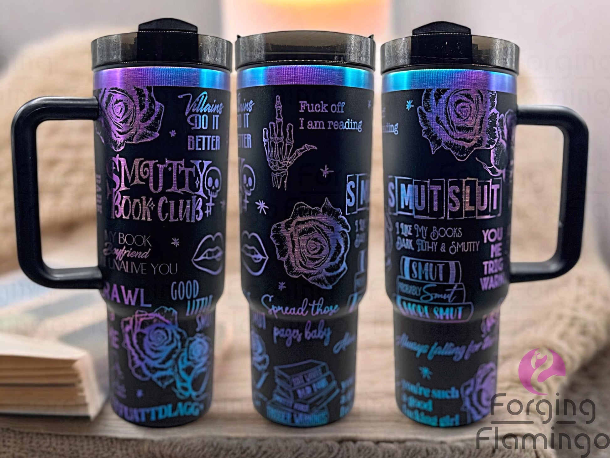 Composite image of a single Non-Branded tumbler engraved with Forging Flamingo's SMUT Book Club design, shown from multiple angles to highlight playful book-themed engravings, heart accents, and cheeky lettering in a seamless wrap.