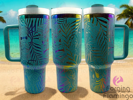 Composite image of a single Non-Branded teal tumbler with a rainbow base, engraved with Forging Flamingo's Tiki design, shown from multiple angles to highlight tiki masks, palm fronds, and tropical patterns in a seamless wrap.