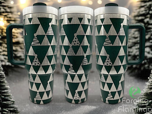 Composite image of a single Non-Branded tumbler engraved with Forging Flamingo's Triangle Christmas Trees design, shown from multiple angles to highlight minimalist geometric tree shapes and festive patterns in a seamless holiday wrap.