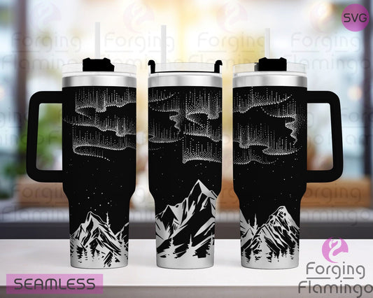 Mockup image of the Northern Lights with Mountains Tumbler Wrap SVG by Forging Flamingo, displayed on three tumblers featuring glowing aurora bands above a silhouette of mountain peaks in a seamless night sky design. Digital design shown for 20oz, 30oz, and 40oz tumblers.