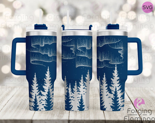 Mockup image of the Northern Lights with Trees Tumbler Wrap SVG by Forging Flamingo, displayed on three tumblers featuring glowing aurora bands above a forest of silhouetted trees in a seamless celestial wrap. Digital design shown for 20oz, 30oz, and 40oz tumblers.