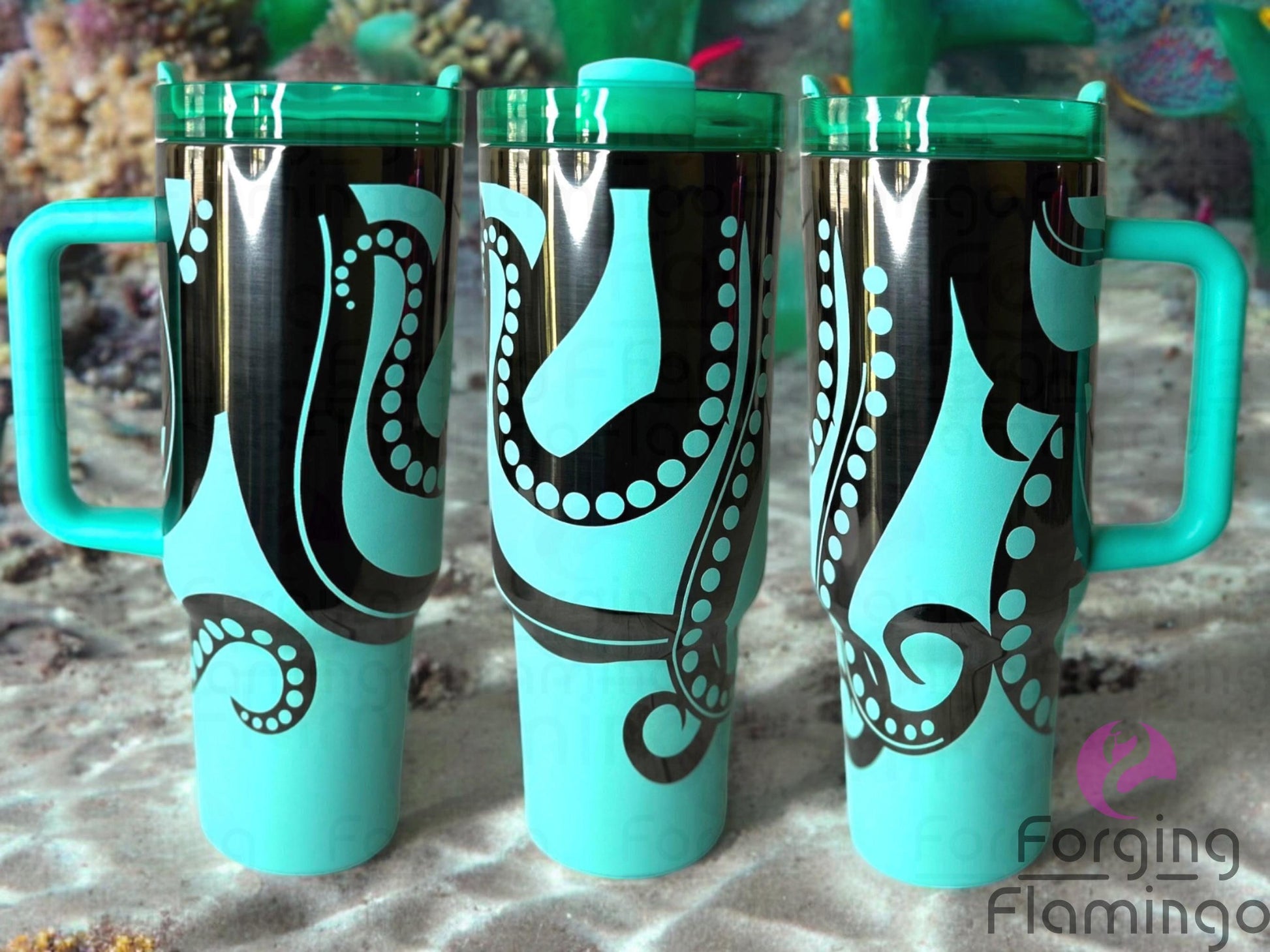 Composite image of a single Non-Branded tumbler engraved with Forging Flamingo's Octopus design, shown from multiple angles to highlight intricate tentacle patterns and ocean-inspired details wrapping around the cup in a seamless design.