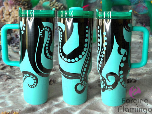 Composite image of a single Non-Branded tumbler engraved with Forging Flamingo's Octopus design, shown from multiple angles to highlight intricate tentacle patterns and ocean-inspired details wrapping around the cup in a seamless design.