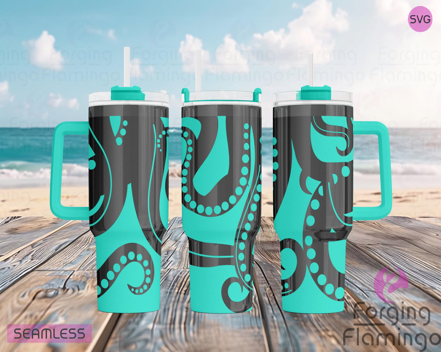 Mockup image of the Octopus Tumbler Wrap SVG by Forging Flamingo, displayed on three tumblers featuring swirling tentacles, bubbles, and underwater accents in a seamless ocean-themed wrap. Digital design shown for 20oz, 30oz, and 40oz tumblers.
