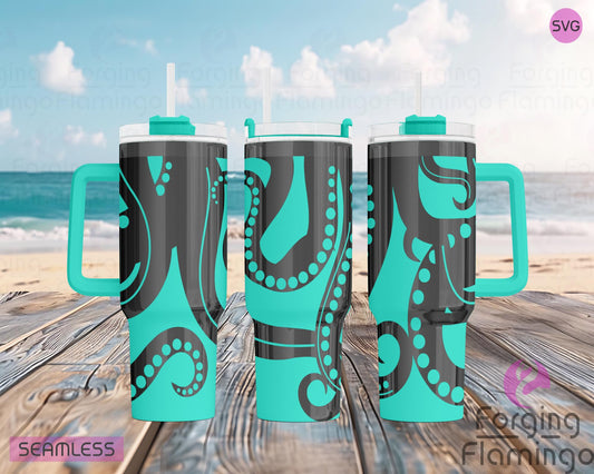 Mockup image of the Octopus Tumbler Wrap SVG by Forging Flamingo, displayed on three tumblers featuring swirling tentacles, bubbles, and underwater accents in a seamless ocean-themed wrap. Digital design shown for 20oz, 30oz, and 40oz tumblers.