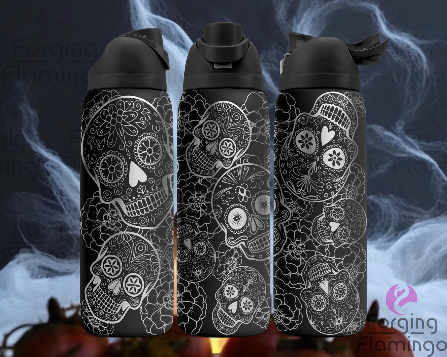 Composite image of a single Owala tumbler engraved with Forging Flamingo's Dia De Los Muertos design, shown from multiple angles to highlight detailed sugar skulls, marigolds, and festive patterns in a seamless wrap.