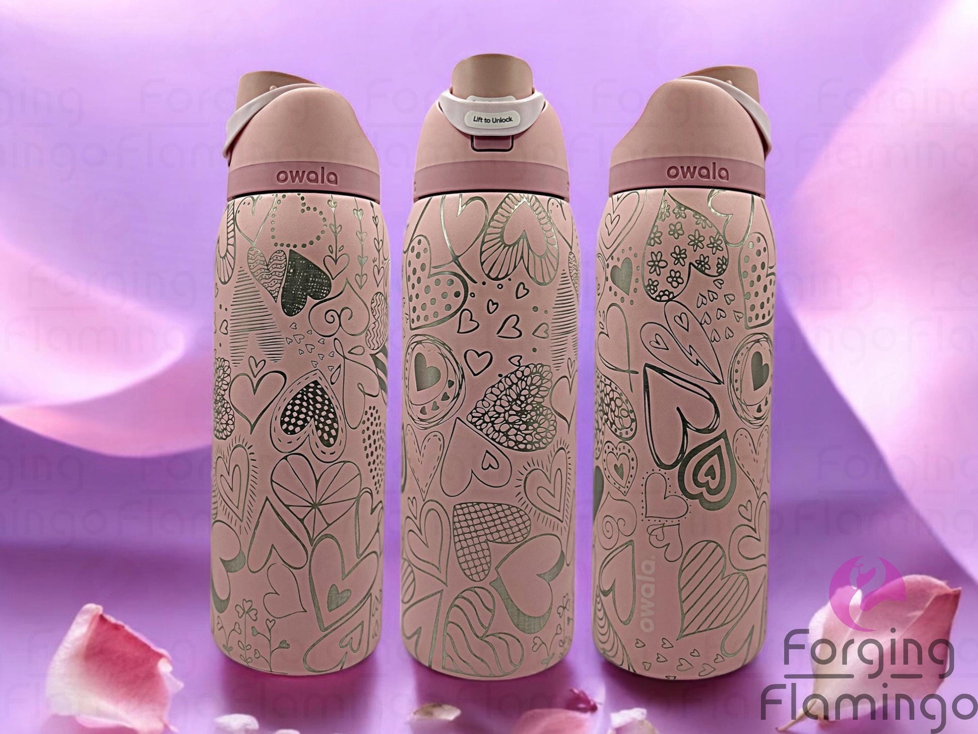Composite image of a single Owala tumbler engraved with Forging Flamingo's Heart Doodles design, shown from multiple angles to showcase playful heart sketches and romantic details in a seamless wrap.