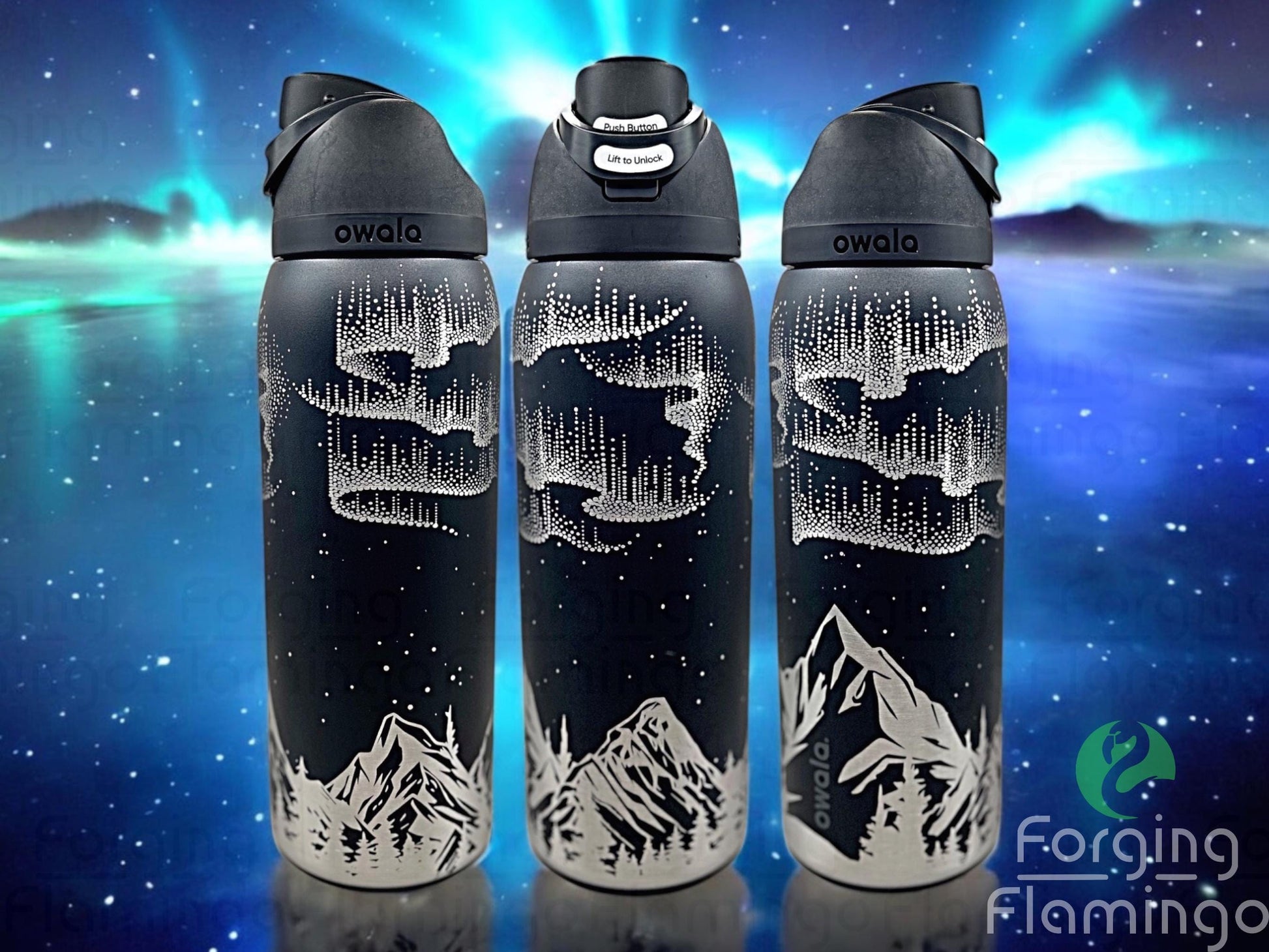 Composite image of a single Owala tumbler engraved with Forging Flamingo's Northern Lights with Mountains design, shown from multiple angles to showcase glowing aurora patterns above silhouetted mountain peaks in a seamless wrap.