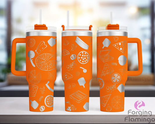 Mockup image of the Pizza Tumbler Wrap SVG by Forging Flamingo, displayed on three tumblers featuring playful pizza slices with gooey cheese, pepperoni, and crust details in a fun, seamless wrap. Digital design shown for 20oz, 30oz, and 40oz tumblers.
