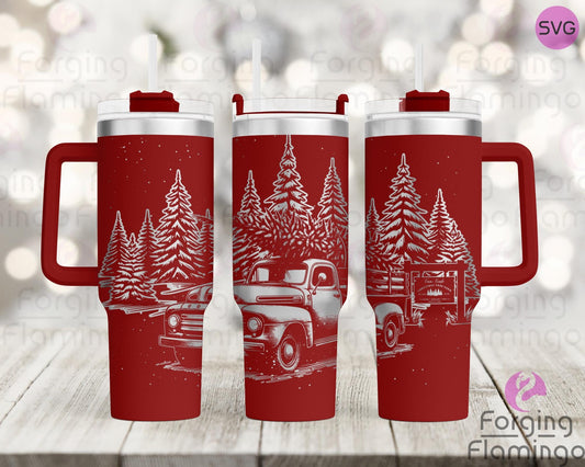 Mockup image of the Red Truck Christmas Tree Tumbler Wrap SVG by Forging Flamingo, displayed on three tumblers featuring vintage pickup trucks carrying Christmas trees with snowy and festive elements in a seamless holiday wrap. Digital design shown for 20oz, 30oz, and 40oz tumblers.