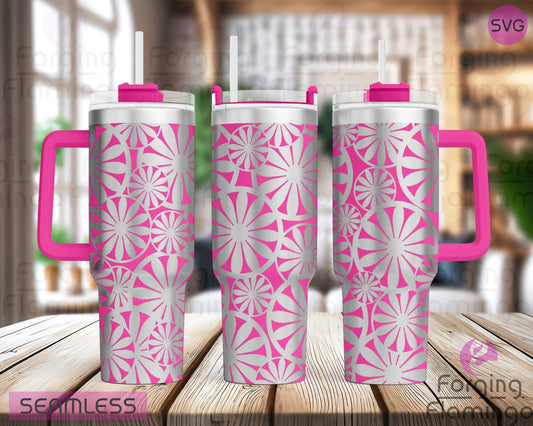 Mockup image of the Retro Daisy Tumbler Wrap SVG by Forging Flamingo, displayed on three tumblers featuring bold daisy flower patterns with a vintage flair in a seamless wrap. Digital design shown for 20oz, 30oz, and 40oz tumblers.