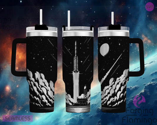 Mockup image of the Rocket Launch Tumbler Wrap SVG by Forging Flamingo, displayed on three tumblers featuring rockets blasting off with plumes of smoke, stars, and planets in a seamless space-themed wrap. Digital design shown for 20oz, 30oz, and 40oz tumblers.