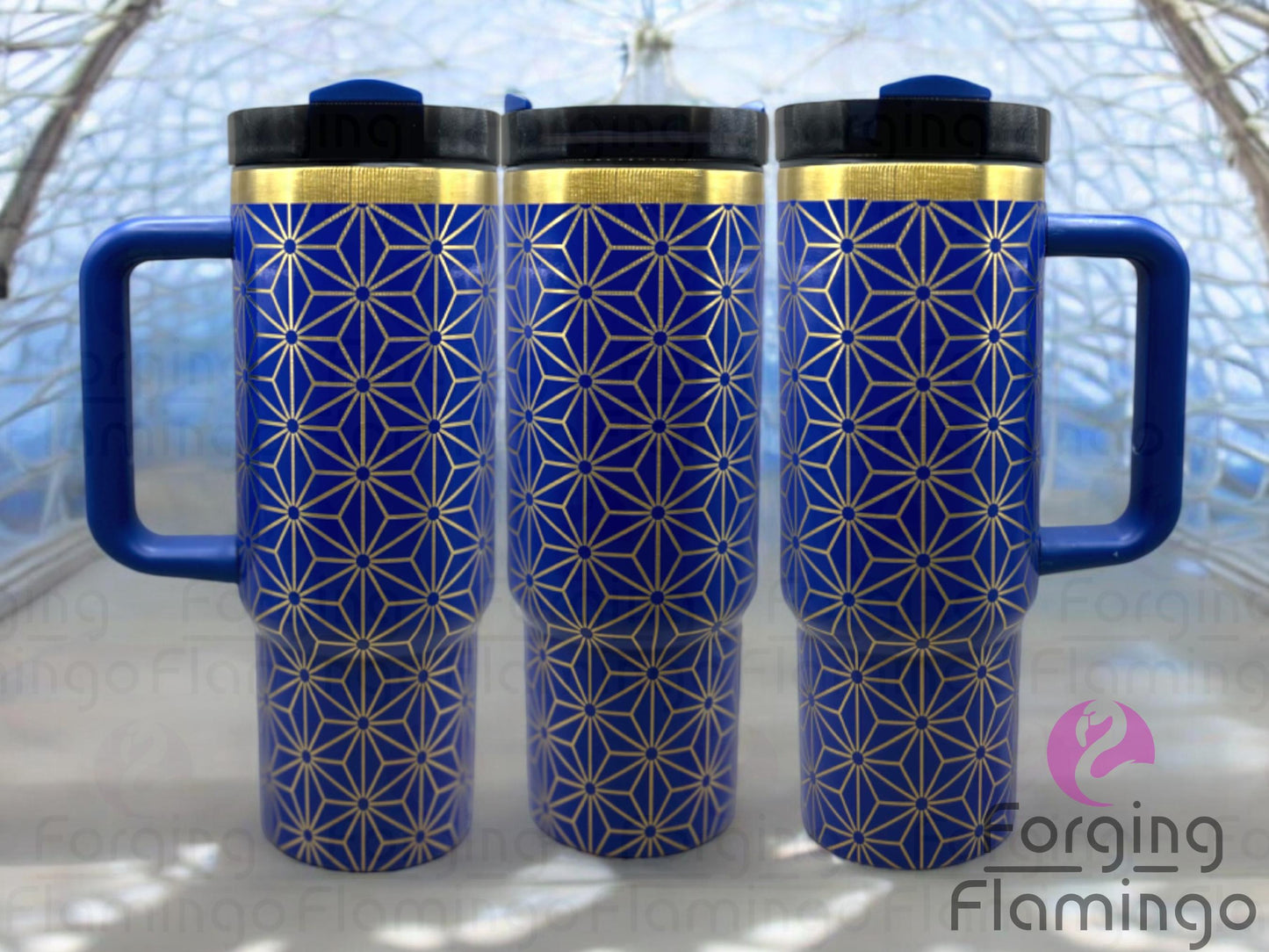Composite image of a tumbler engraved with Forging Flamingo's Rocketship Mars Bundle design, shown from multiple angles to highlight modern space-themed patterns with rockets and geometric elements in a seamless wrap. Created using the regular version of the digital file.