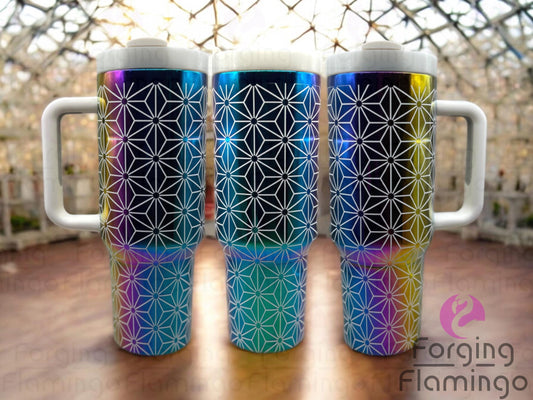 Composite image of a tumbler engraved with the inverted version of Forging Flamingo's Rocketship Mars Bundle design, shown from multiple angles to feature reversed space elements and bold celestial details in a seamless wrap. Created using the digital file for 20oz/30oz/40oz tumblers.