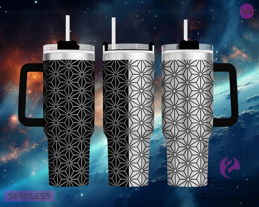 Mockup image of the Rocketship Mars Bundle Tumbler Wrap SVG by Forging Flamingo, displayed on three tumblers featuring space-themed geometric patterns, rockets, and planetary elements in a seamless wrap. Digital design shown for 20oz, 30oz, and 40oz tumblers.