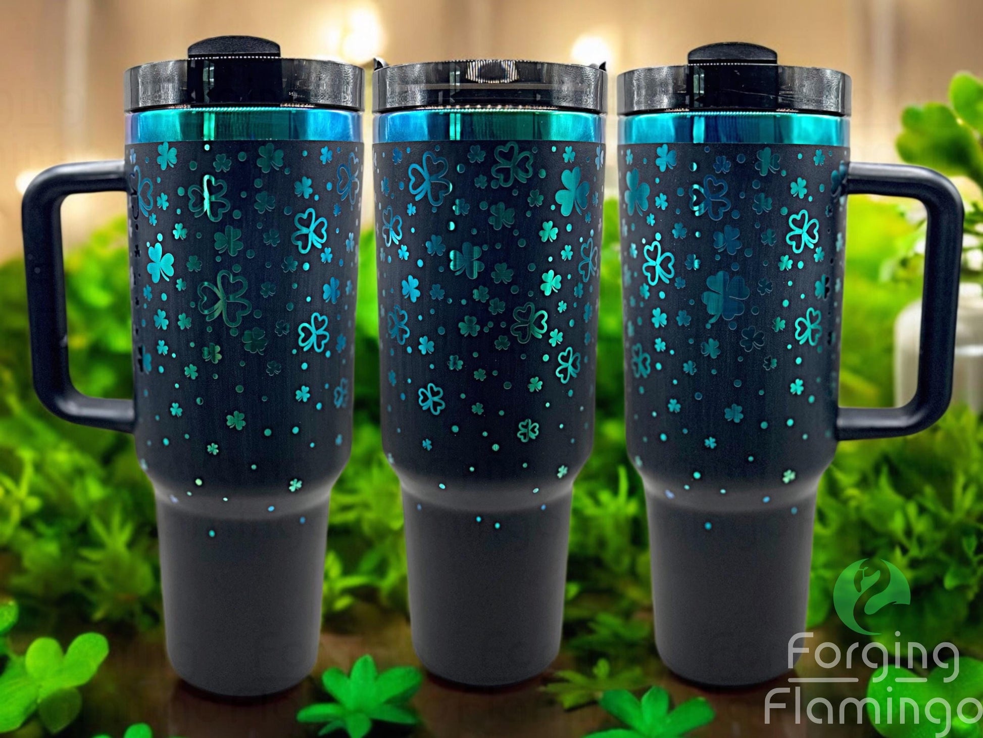 Composite image of a single tumbler engraved with Forging Flamingo's Showered with Luck design, shown from multiple angles to highlight falling shamrocks, scattered hearts, and engraved sparkles in a cheerful St. Patrick's Day wrap. Created using the digital file for 20oz/30oz/40oz tumblers.