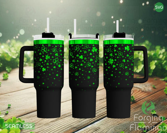 Mockup image of the Showered with Luck Tumbler Wrap SVG by Forging Flamingo, displayed on three tumblers featuring cascading shamrocks, hearts, and sparkles in a playful, seamless wrap. Digital design shown for 20oz, 30oz, and 40oz tumblers.