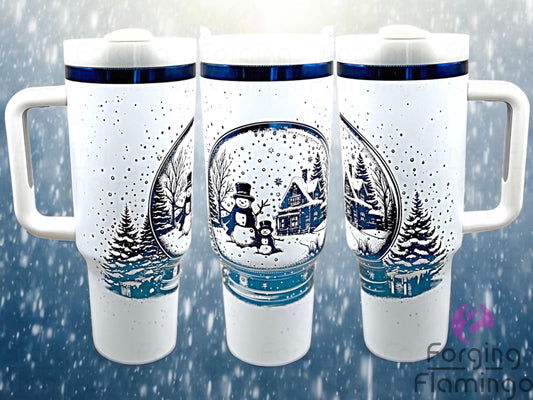 Composite image of a single tumbler engraved with Forging Flamingo's Snow Globe design, shown from multiple angles to highlight engraved snow globes, wintry scenes, and flurries in a seamless festive wrap. Created using the digital file for 20oz/30oz/40oz tumblers.